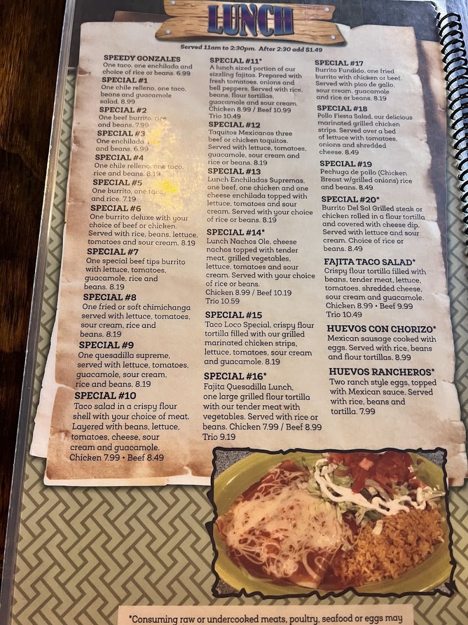 Mexican dishes listed on a menu page.