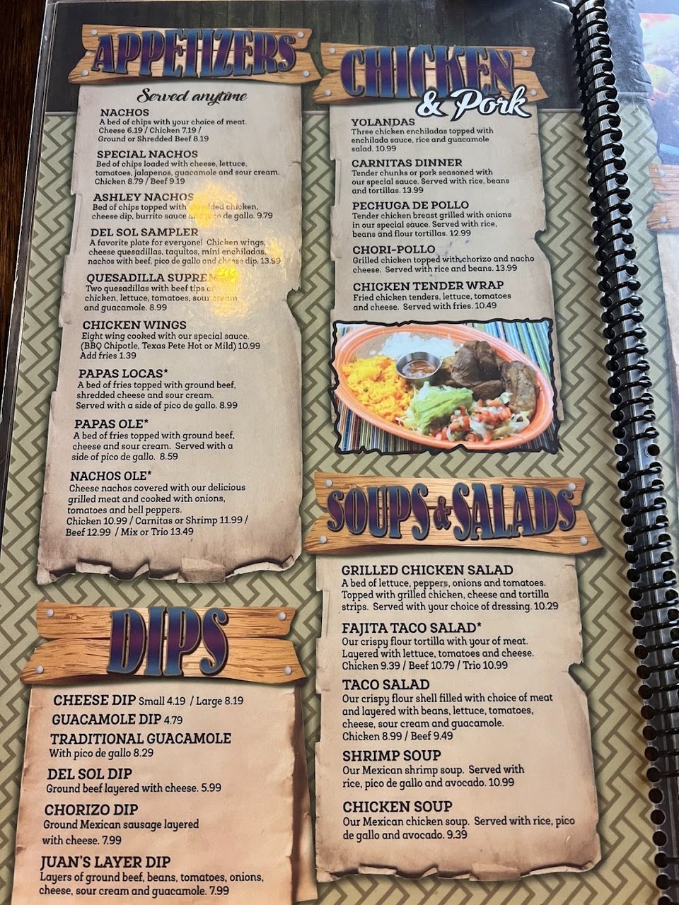 Menu items for tacos, enchiladas, and sides.