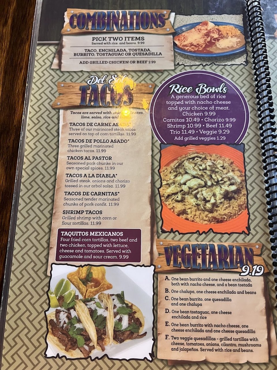 Printed menu with classic Mexican restaurant dishes.